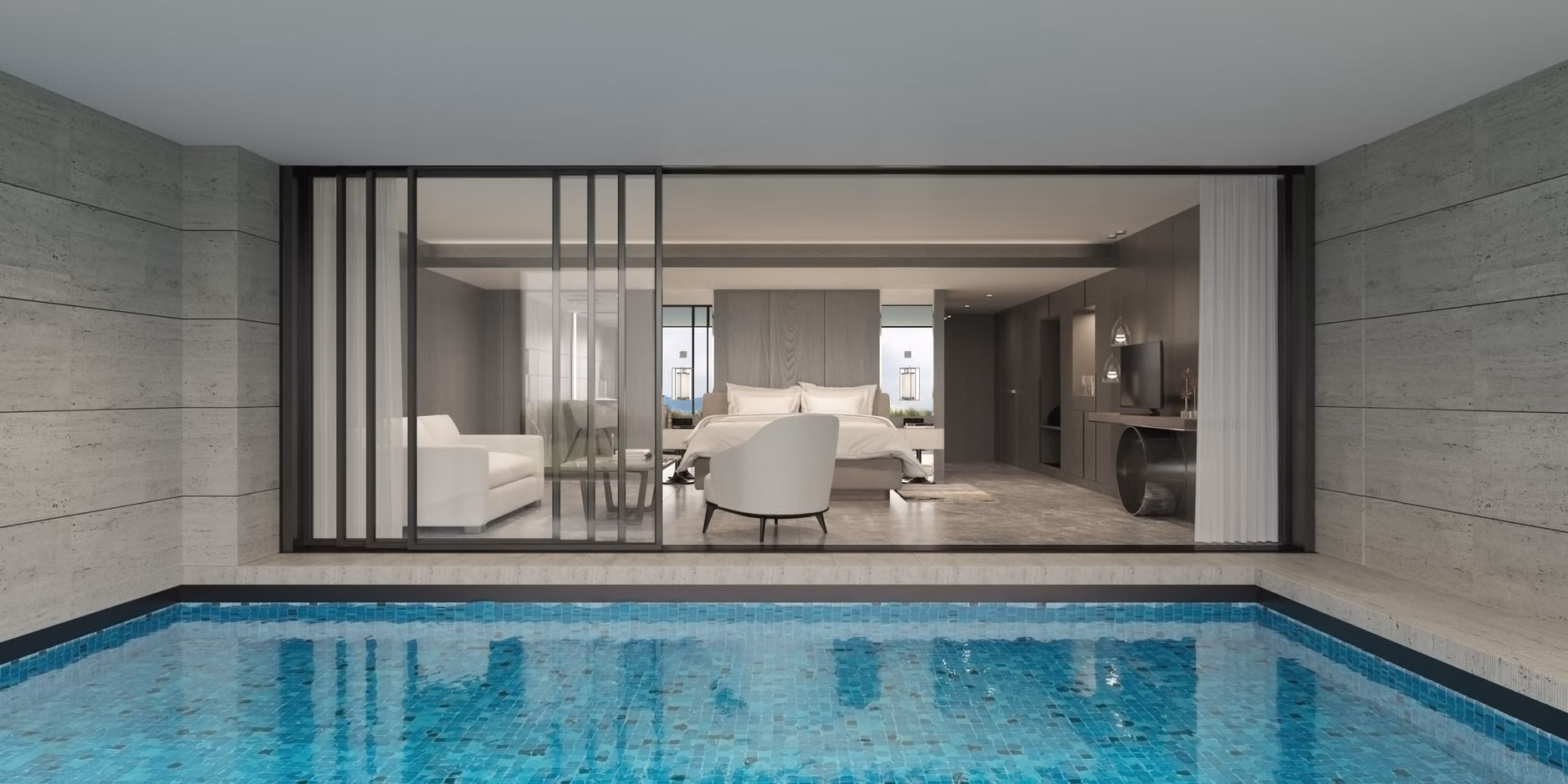 A hotel room interior featuring accessible design elements like grab bars and wide doorways.