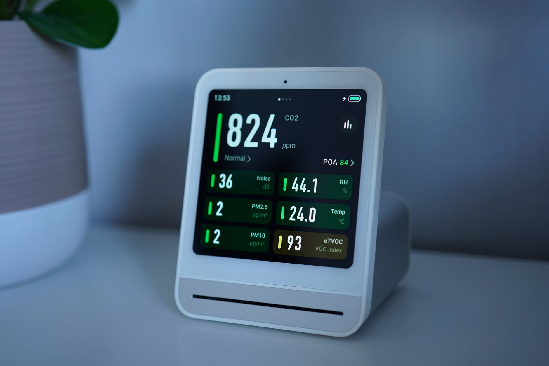 Digital display of an air quality monitor showing CO2 and humidity metrics.