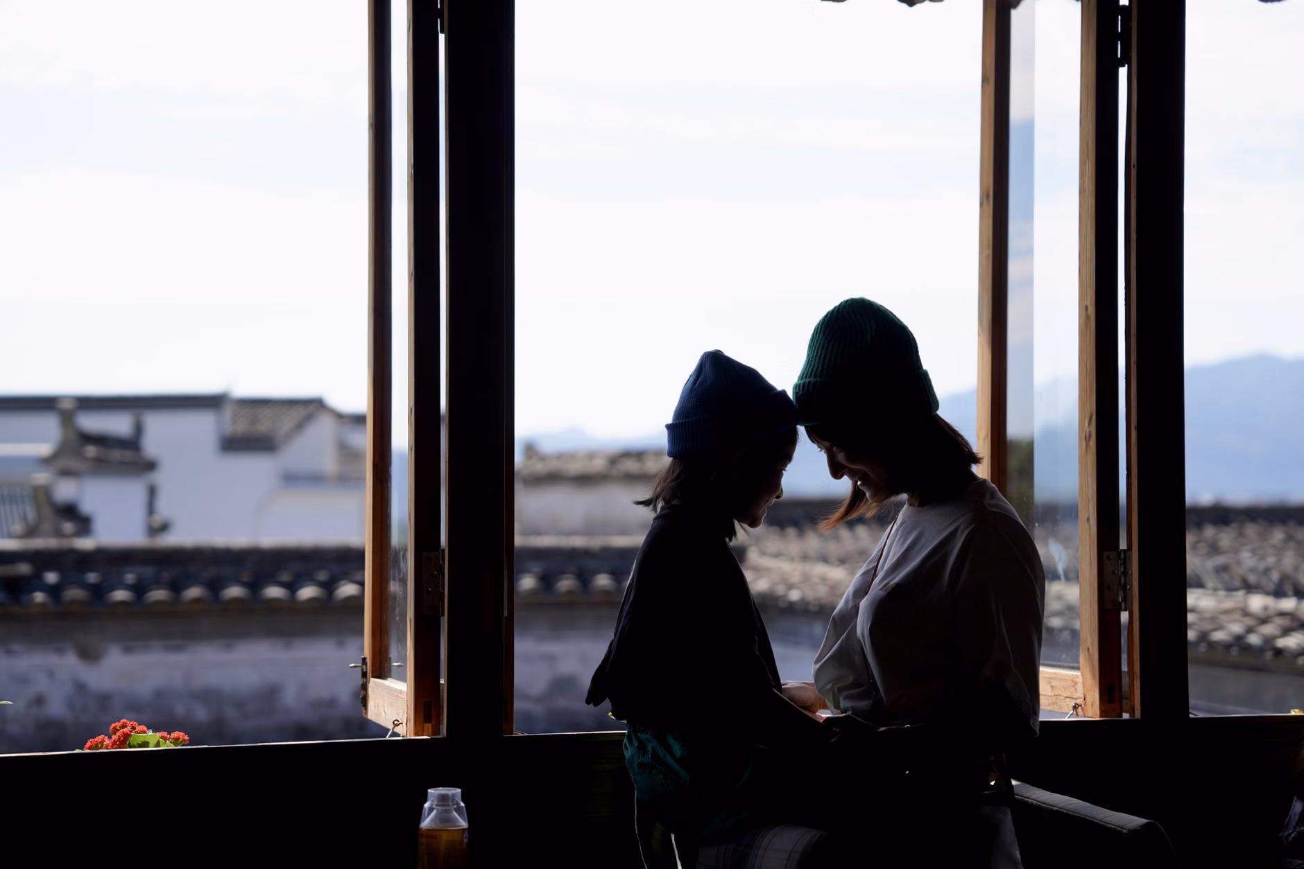 Parent and child enjoying the view from a train window.