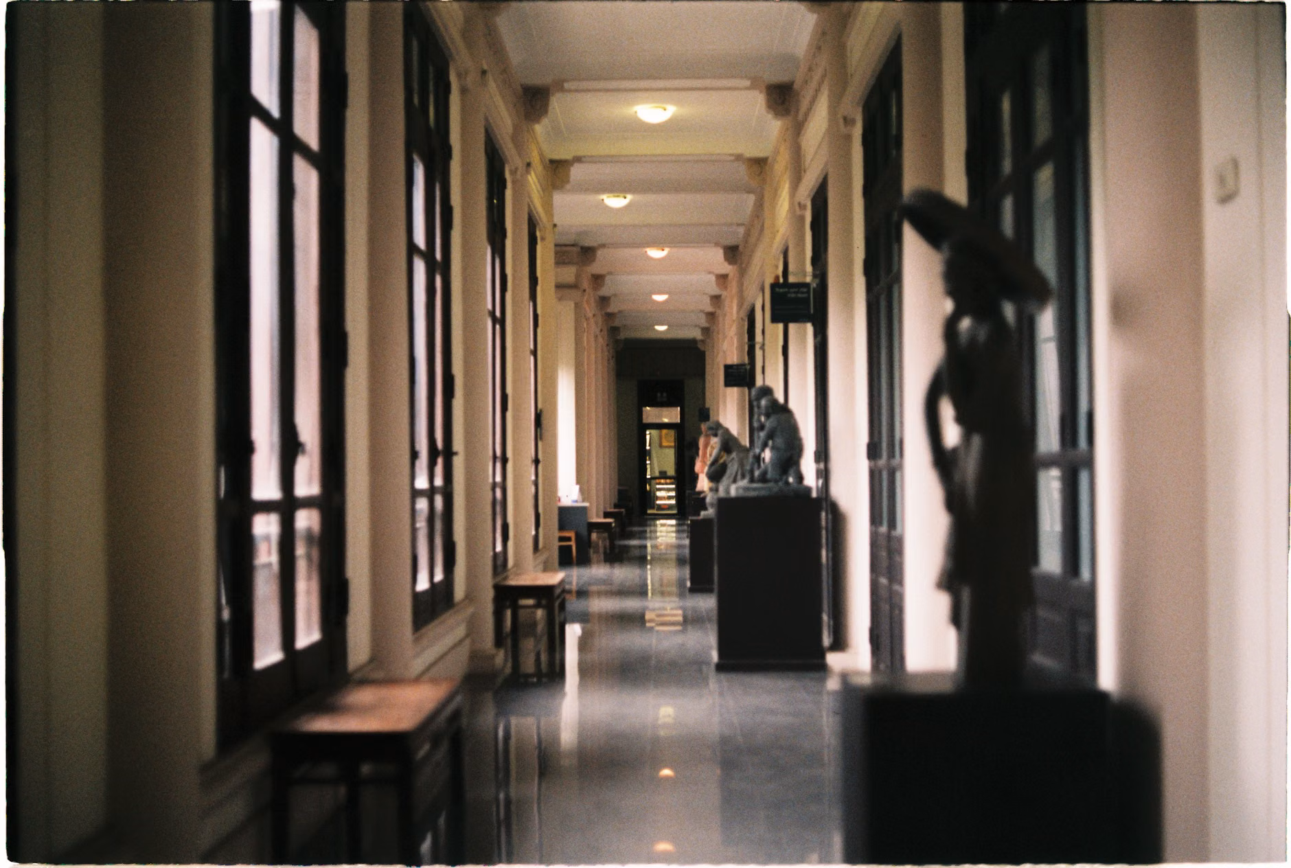 An empty, serene museum gallery during the low season.