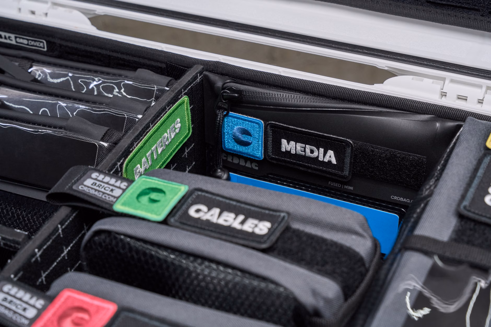 Organized tech accessories in a travel bag.