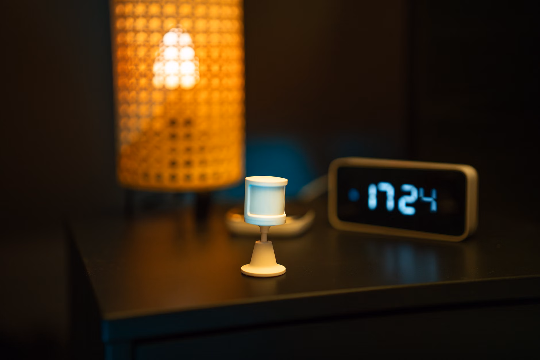 A cozy, automated living room environment at night