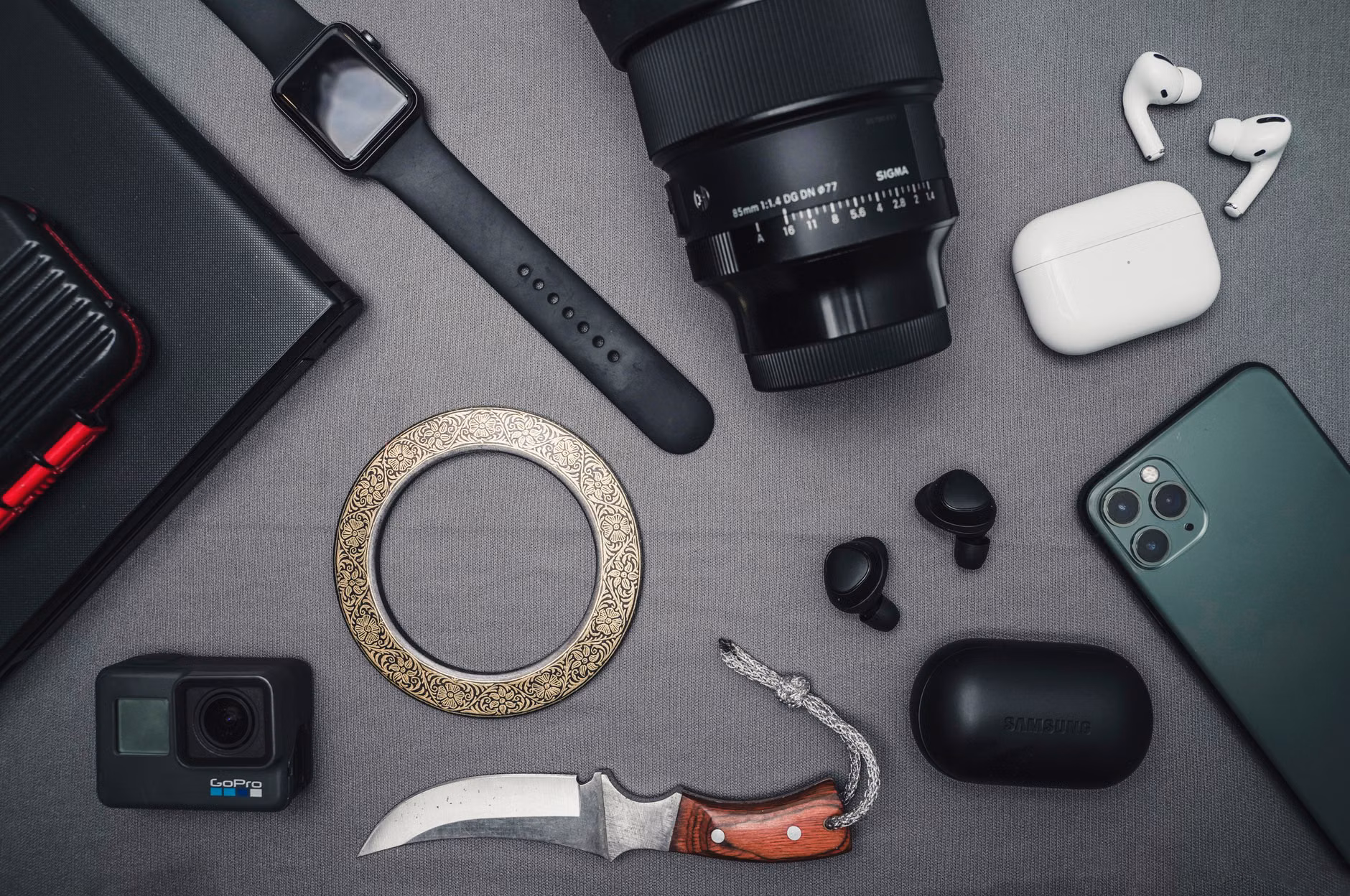 A flat-lay of essential travel accessories and gadgets.