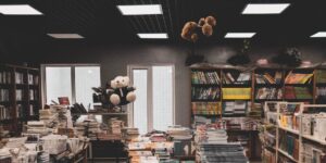 A modern community library featuring books, tools, and toys.