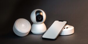 A modern home office setup representing smart home security.
