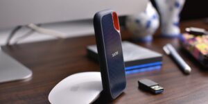 Modern home office setup with digital storage devices