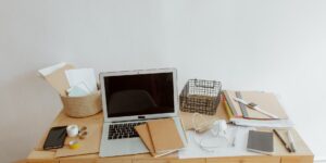 A tidy home office desk representing remote work life.