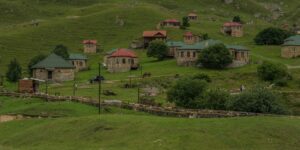 A peaceful mountain resort landscape during the off-season.