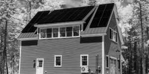 A modern energy-efficient home with solar panels.