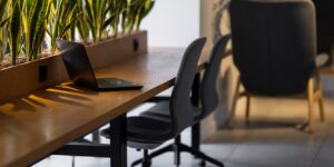 A modern co-working space with an integrated childcare facility designed for remote workers.