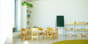 A warm and inviting modern preschool classroom interior.