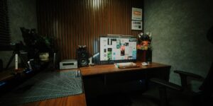 A professional and quiet home office setup with acoustic wall treatments.