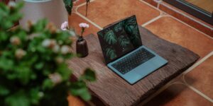 A serene villa workspace setup designed for remote working parents.