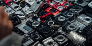 A professional collection of second-hand travel gear laid out on a wooden table.
