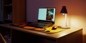 A conceptual view of a home office desk blending work and family life.