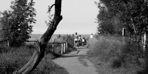 A family enjoying a bike-packing trip on a scenic trail at sunset.