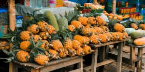 Fresh seasonal produce displayed on a wooden table at a farmers market.