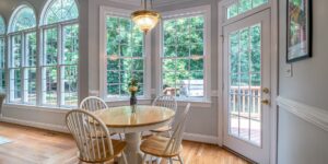 A quiet, organized dining area set up for a calm conversation.