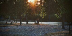 A family enjoying a local park walk during golden hour.
