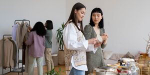 A bright and organized clothing swap event held in a modern community center.