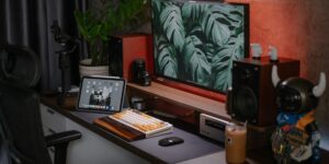 A modern home office setup with high-end tech, representing smart, affordable electronics.