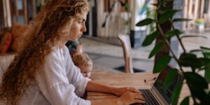 A person working from home finding balance as the sun sets.