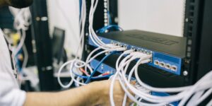 A sleek, modern home router setup representing a secure digital environment.