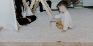 Minimalist living room with a single educational wooden toy