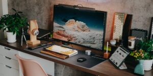 Modern home office desk setup with premium technology.