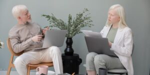 A conceptual illustration of a couple having a calm, productive conversation.
