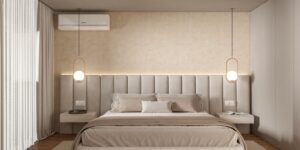 A peaceful, minimalist bedroom with neutral decor designed for rest.