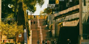 A vibrant, modern neighborhood community space designed for social interaction.