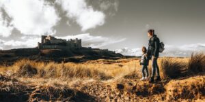 A family exploring local history on a weekend walk.
