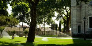 A modern, lush garden setup featuring a smart irrigation system during golden hour.