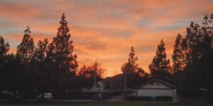 A peaceful, cozy neighborhood festival in a park at sunset.