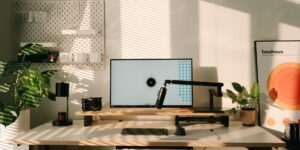 A serene, well-organized home office designed for sensory regulation.