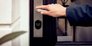 A modern, secure front door entrance with a smart lock.