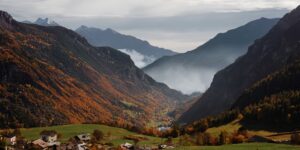 A peaceful mountain valley landscape during the shoulder season.