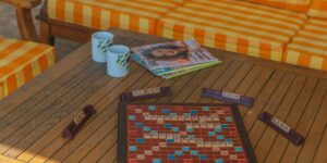 A cozy, inviting board game setup on a wooden table ready for family night.