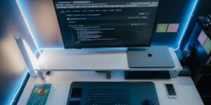 A clean, modern home office desk set up with various devices representing digital security.