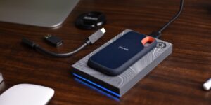 An organized desk with various USB-C cables and devices, representing universal charging standards.