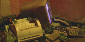 A collection of outdated electronic devices ready for recycling on a wooden table.