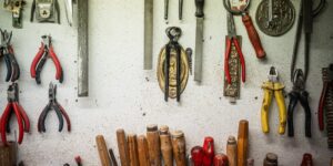 A bright and organized community tool library workshop.