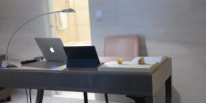 A clean, modern home office workspace for remote professionals.