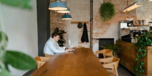 A professional and cozy cafe workspace designed for remote work.