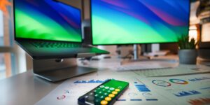 A professional desk setup with a laptop and smartphone for testing refurbished tech.