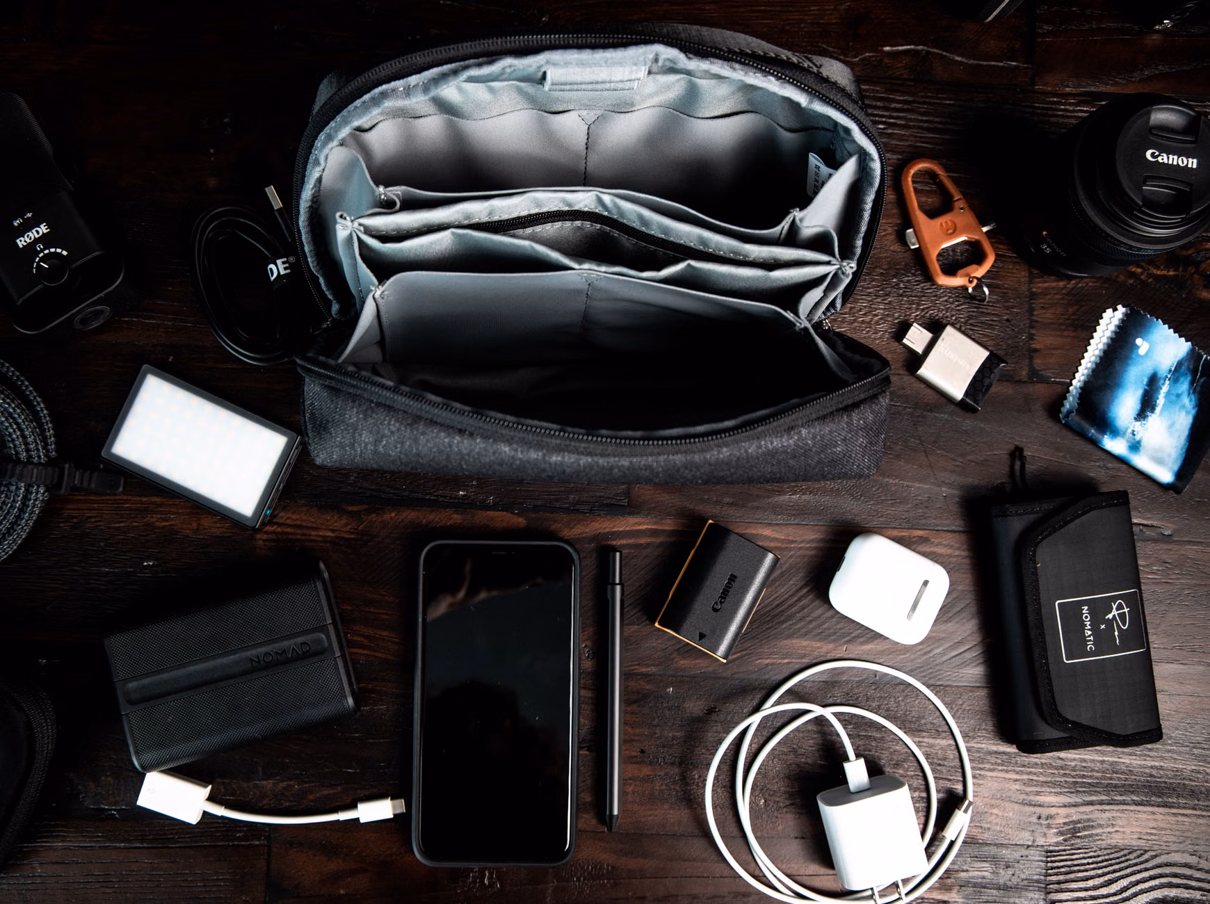 Travel tech organizer with cables and power banks.