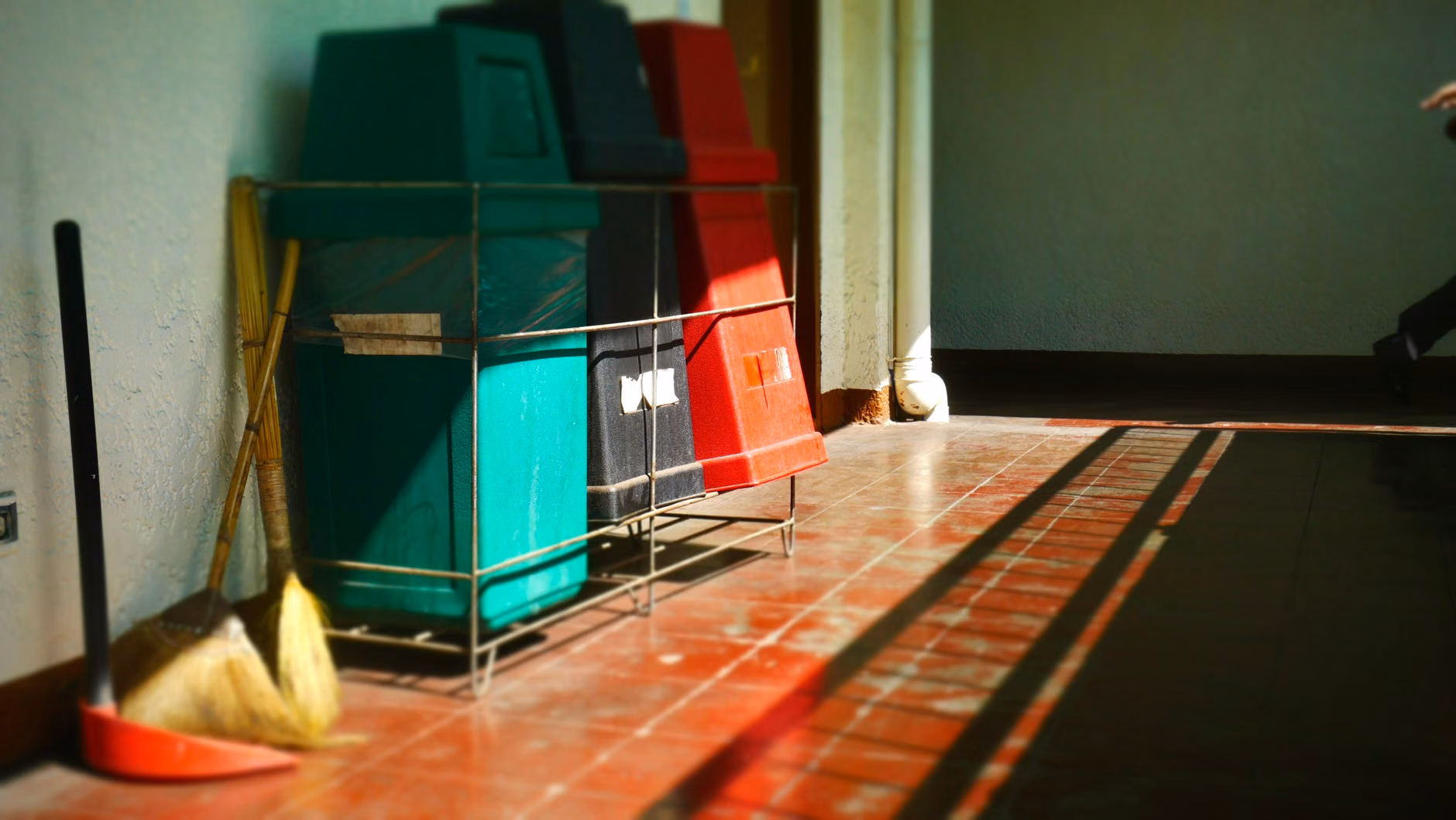 Organized storage bins helping to reduce visual noise in a small space.