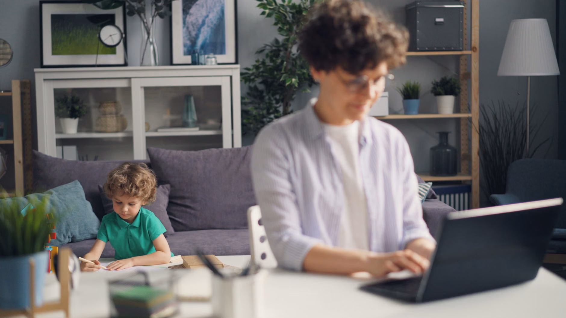 A balanced home office environment for parents working remotely.