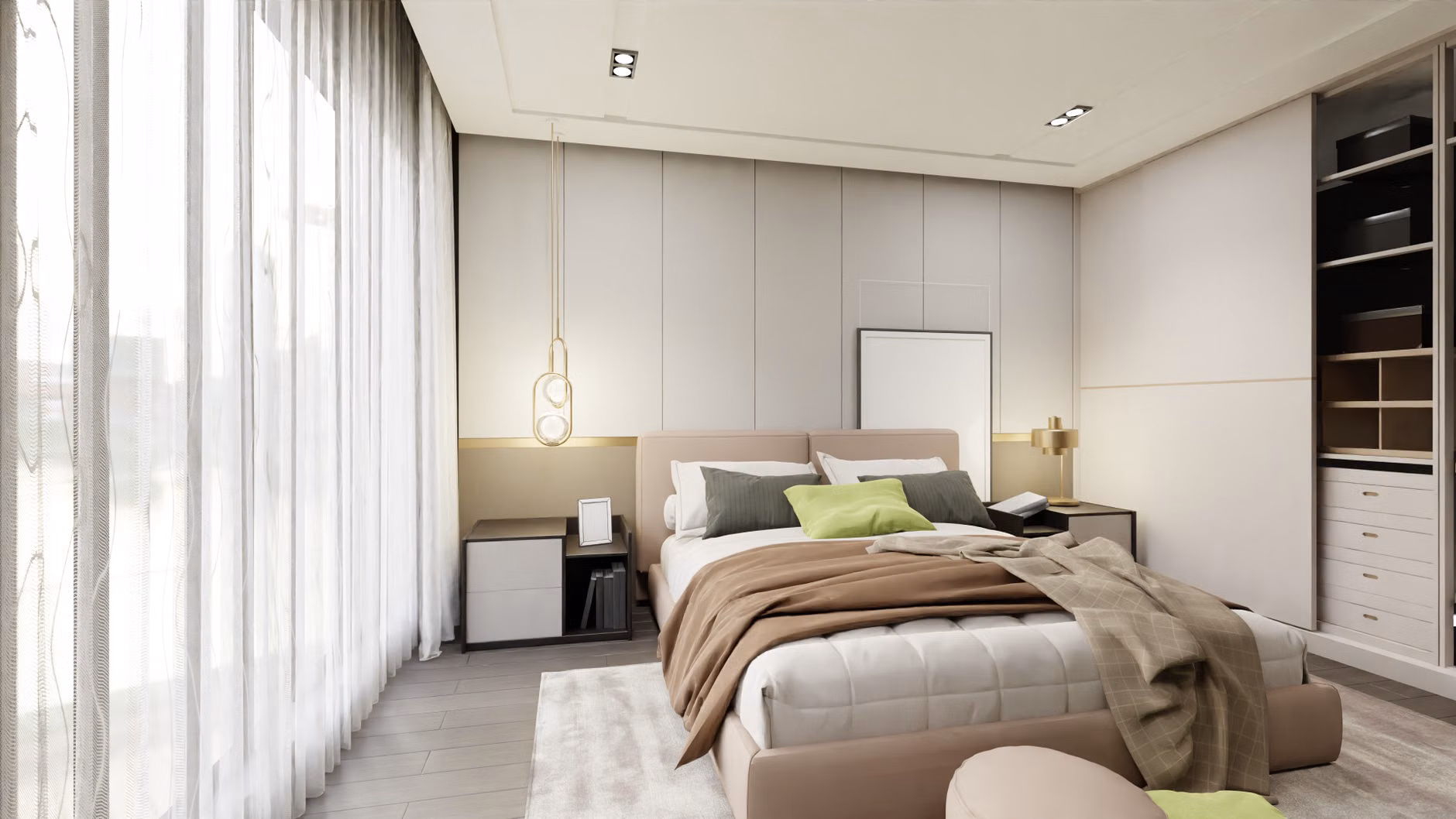 A soothing, organized bedroom environment designed to minimize sensory stimulation.